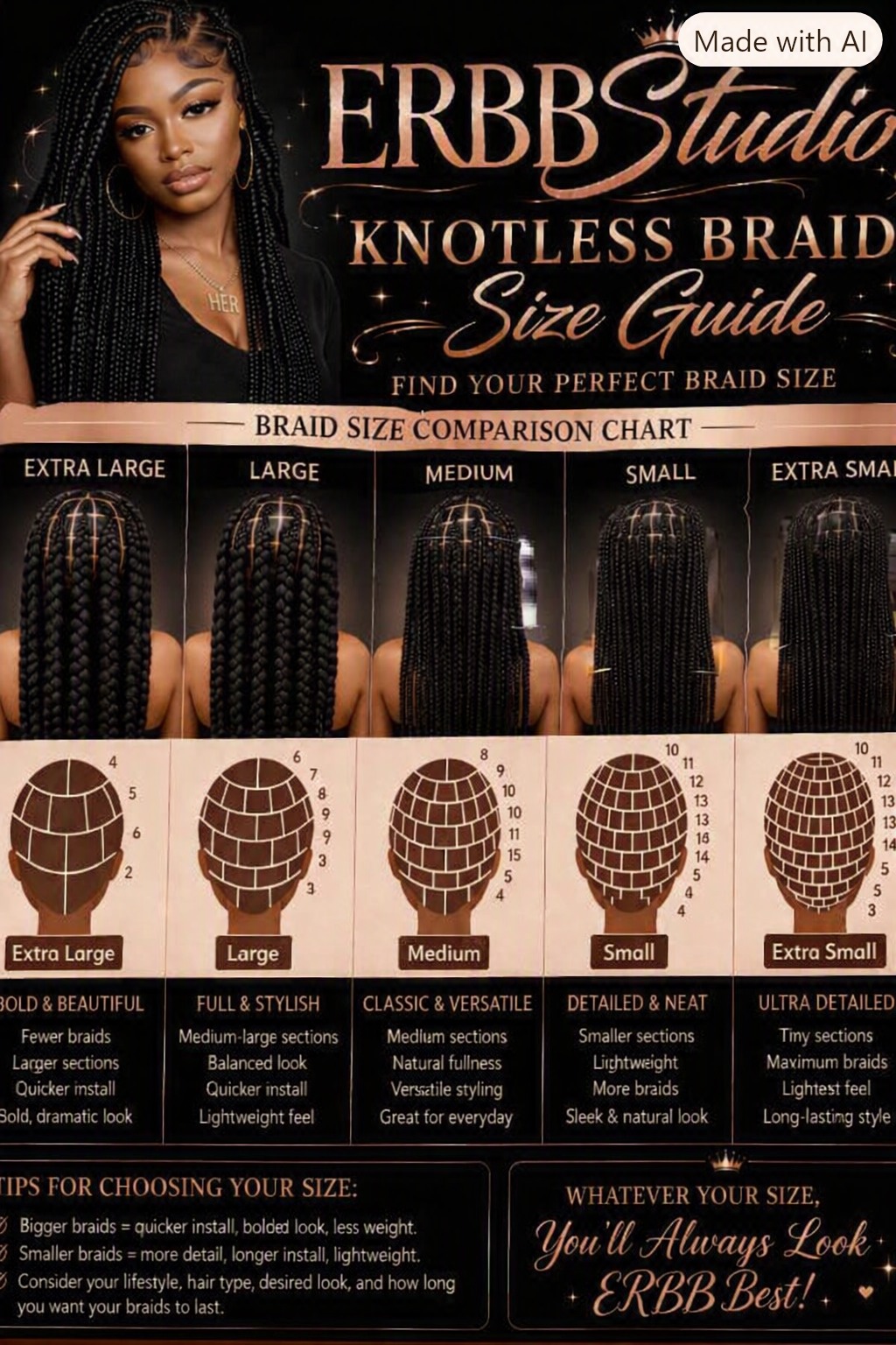 ERBB knotless braid size comparison chart from Extra Small through Extra Large